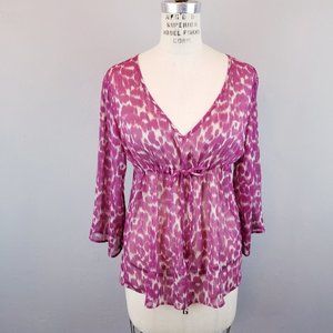 Plum Leopard Sheer Blouse 3/4 Sleeve Women's Size Medium